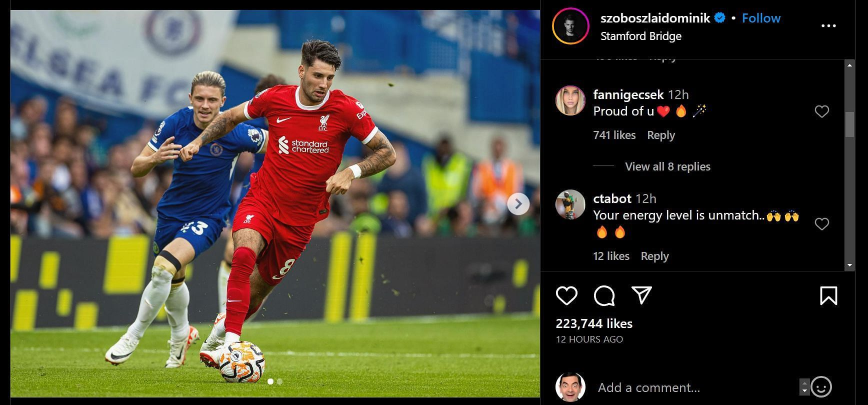 Screenshot of Szoboszlai's girlfriend's remarks on his Instagram post